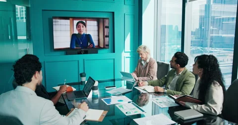 Finance, screen or team in office with video call, budget analysis or brief on Stock Footage 347955907