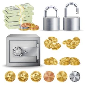 Finance Secure Concept Vector. Gold, Silver, Copper Metal Coins Blank, Money Stock Illustration