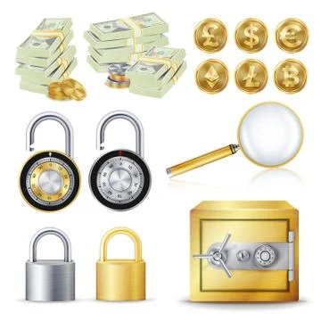 Finance Secure Concept Vector. Gold Coins, Money Banknotes Stacks, Encryption イラスト素材