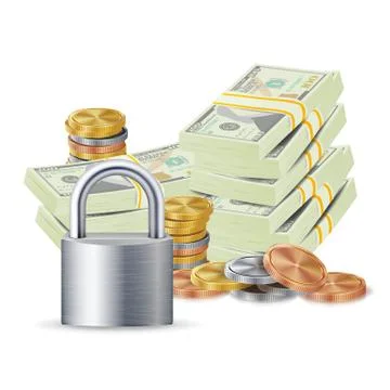 Finance Secure Concept Vector. Metal Coins, Money Banknotes Stacks, Steel Stock-Illustration