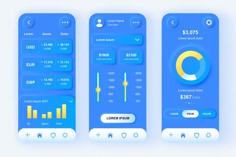Finance services unique neomorphic design kit. Bank accounts monitoring, budg Stock Illustration