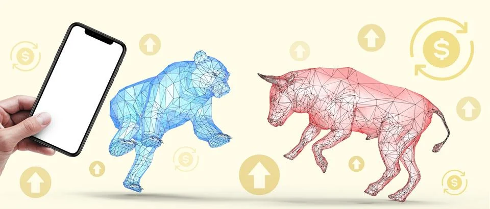 Finance, Stock Market, Stock Exchange. Bull and Bear concept with smartphones Stock Illustration