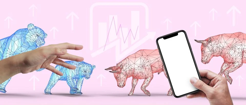 Finance, Stock Market,Stock Exchange. Bulls and bears and smartphones and growth Stock Illustration