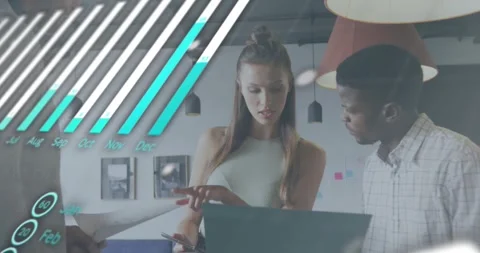 Finance team analyzing data in office with bar chart sliding, code floating Stock Footage 318064018