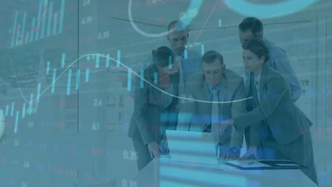 Finance team checking market data on laptop, woman pointing, man typing, Stock Footage 332544586