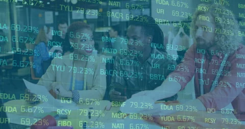 Finance team holding smartphone comparing printed chart with floating data Stock Footage 315558407