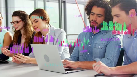 Finance team leaning over laptop after center woman showing smartphone, Stock Footage 333689189