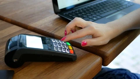 Finance, technology, payment and people concept - close up of woman hand Video stock 100759769
