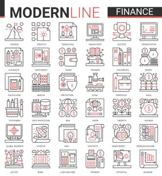 Finance thin red black line icon vector illustration set with outline financial Stock Illustration