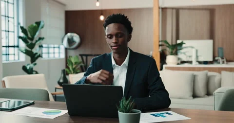 Finance, thinking or black man in office with laptop, cost review or budget Stock Footage 346200884