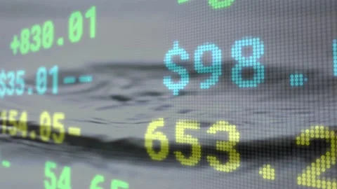 Finance ticker over ripple, orange orb dropping causing cyan yellow numbers Stock Footage 332280491