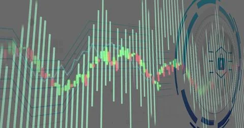 Finance UI on feed, bars pulsing, candlestick moving, HUD sliding in showing Stock Illustration