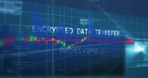 Finance UI showing white text forming ENCRYPTED DATA TRANSFER, animating chart Stock Footage 331165587