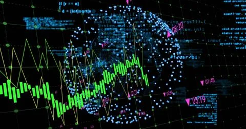 Finance UI updating on tick, animating green candles, yellow trend, blue globe Illustrazione stock