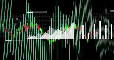 Finance viz animating on data update pulsing bars scrolling candles mapping Stock Footage 328329690