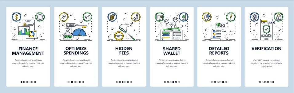 Finance website and mobile app onboarding screens vector template Stock Illustration