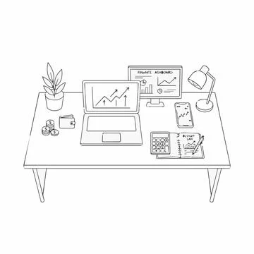 Finance workspace desk with laptop, graphs, and money, business concept Sil.. 库存插图
