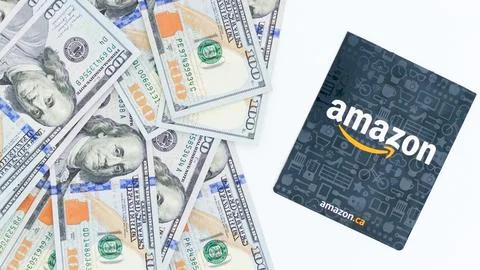 Financial Abundance Stack of Hundred Dollar Bills and Amazon Gift Card, Concept Stock Photos
