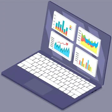Financial accounting and work with statistics on laptop. Business process Illustrazione stock