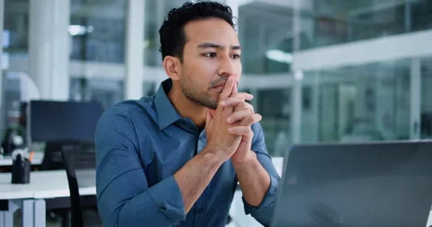 Financial advisor, decision and man in office, laptop and contemplation with Stock Footage 326092406