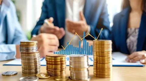 A financial advisor explaining a growth chart to a couple, with the chart sho Stock Photos