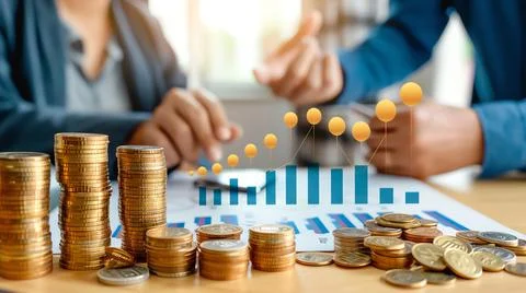 A financial advisor explaining a growth chart to a couple, with the chart sho Stock Photos