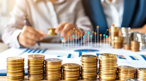 A financial advisor explaining a growth chart to a couple, with the chart sho Stock Photos