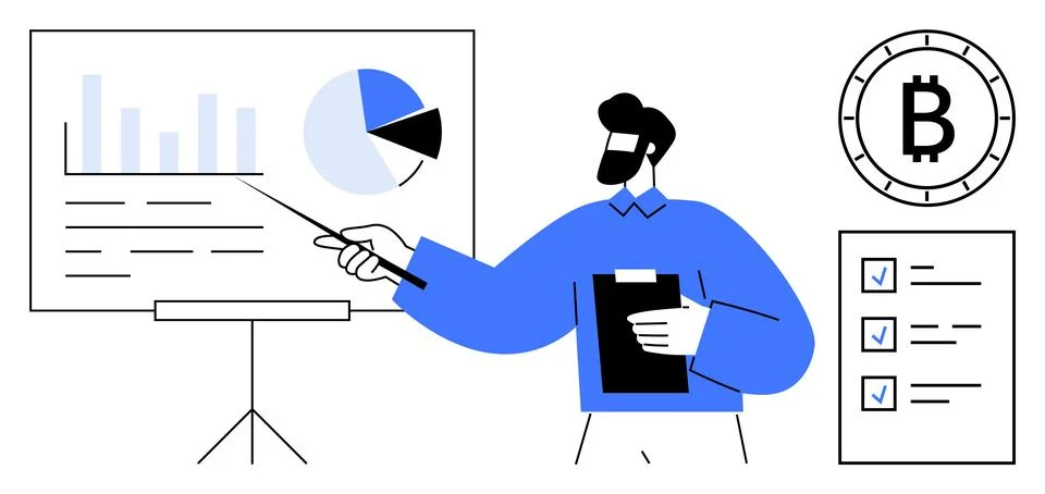 Financial advisor presenting cryptocurrency data analysis with charts and c.. Illustrazione stock