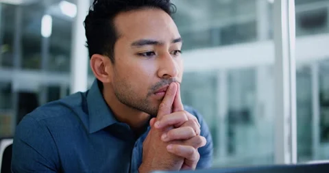 Financial advisor, thinking and man with laptop, stress and decision with risk Stock Footage 326090741