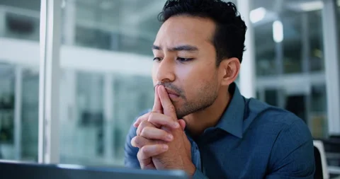 Financial advisor, thinking and man in office, laptop and decision with account Stock Footage 326092342