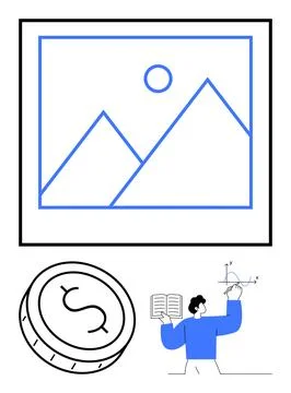 Financial analysis concept with graph plot, dollar coin and person research.. Stock Illustration