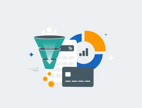 Financial analysis with funnel process, charts and calculator in digital Stock Illustration