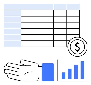 Financial Analysis with Graphs, Data Tables and Hand Gestures Indicating In.. Stock Illustration