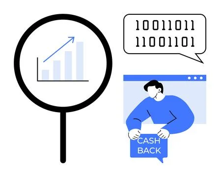 Financial Analysis with Magnifying Glass, Binary Code, and Cashback Concept 스톡 일러스트