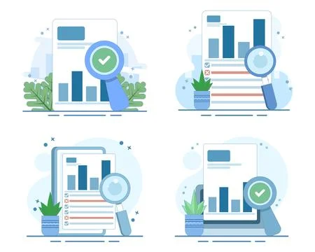 Financial analysis set featuring flowcharts, business reports. Stock-Illustration