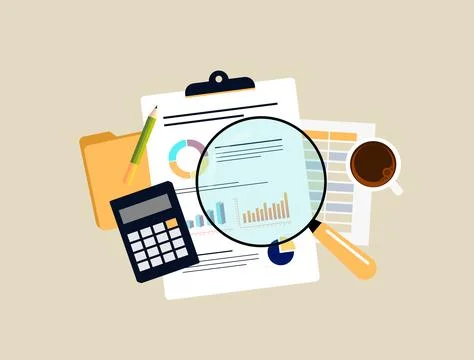 Financial analysis vector illustration magnifies charts and graphs on clipboard Stock Illustration