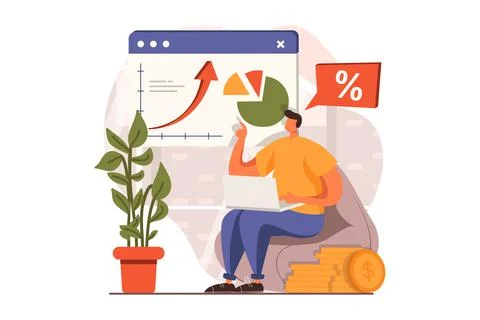 Financial analysis web concept in flat design. Man analyzes data and making Stock Illustration