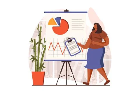 Financial analysis web concept in flat design. Woman speaks at business meeting Stock Illustration