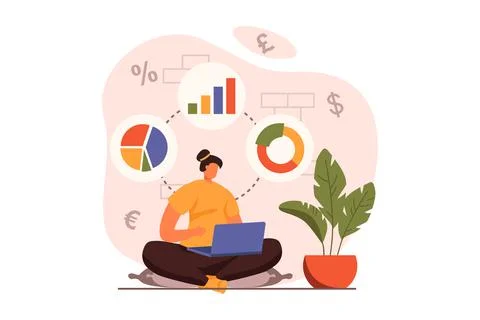 Financial analysis web concept in flat design. Woman making marketing research Stock Illustration