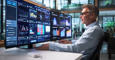 Financial Analyst Carefully Studying Data Dashboard To Predict Market Trends. Stock Photos