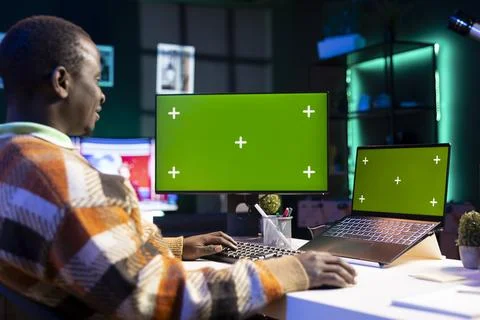 Financial analyst checking isolated chroma key and online balance Stock Photos