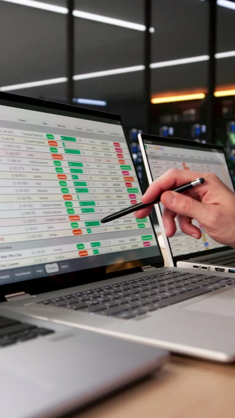 Financial Analyst Man Using Spreadsheet Software On Laptop To Analyze Data Stock Footage 328710009