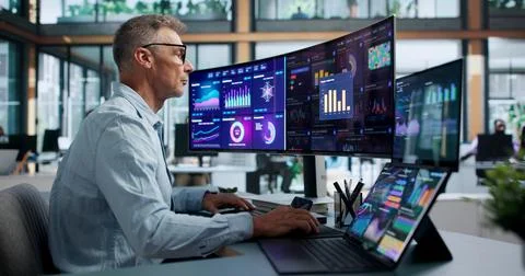 Financial Analyst Pointing At Predictive Dashboard While Monitoring Market Tr Stock Photos