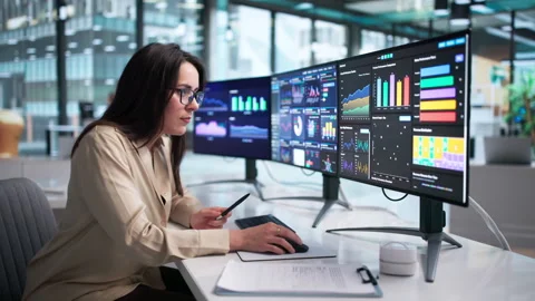 Financial Analyst Reviewing Dashboard Data On Computer Stockbeeldmateriaal 337638356