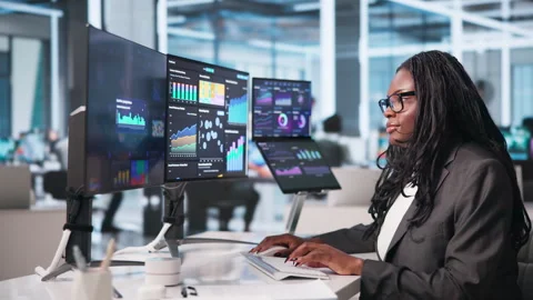 Financial Analyst Reviewing High Performance KPI Dashboard Stock Footage 343884477