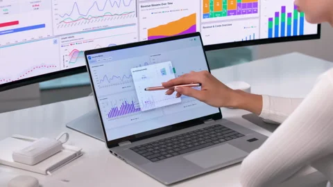 Financial Analyst Reviewing KPI Dashboard On Laptop Stock Footage 344714971