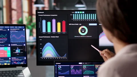 Financial Analyst Reviewing KPI Data Dashboard While Stock Footage 335459780