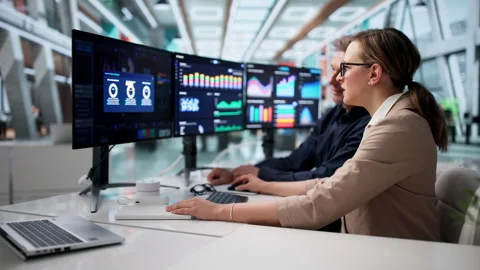 Financial Analyst Reviews Data Dashboard Stockbeeldmateriaal 337225539