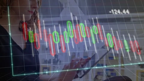Financial analyst scrolling tablet, causing transparent chart overlay Stock Footage 318239479