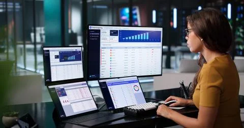 Financial Analyst Studies Rolling Forecast On Dual Touchscreen Laptop Careful Stock Photos